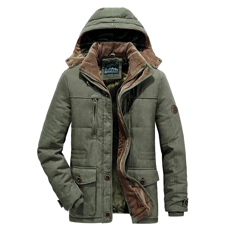 Men's Hooded Warm Winter Jacket Parka Plus Velvet Thick Warm Multi Pocket Jackets Solid Parka Male Coat Large Size Clothing