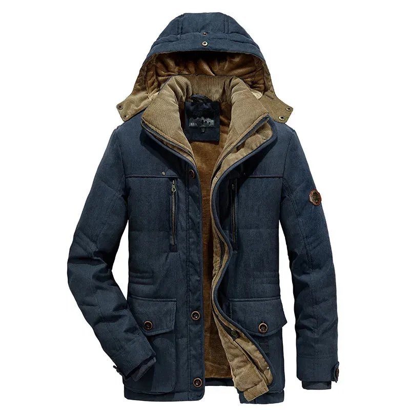 Men's Hooded Warm Winter Jacket Parka Plus Velvet Thick Warm Multi Pocket Jackets Solid Parka Male Coat Large Size Clothing