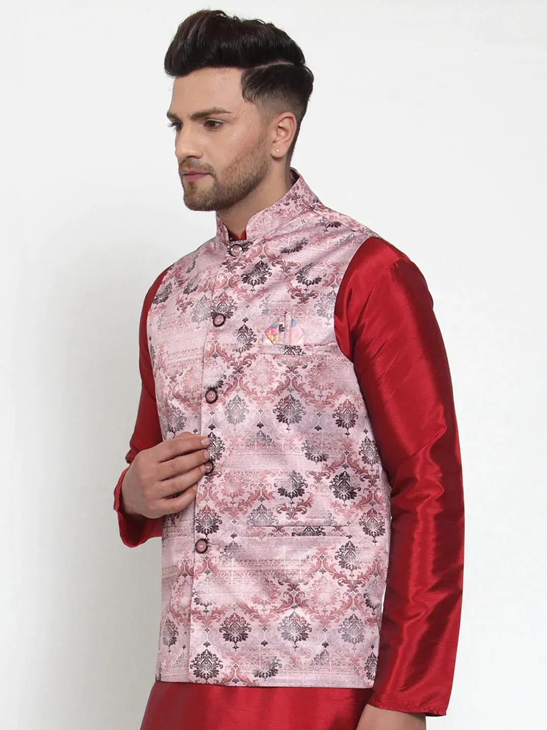 Men'S Pink Printed Nehru Jacket