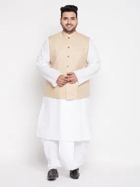 Men's Plus Beige And White Cotton Blend Jacket, Kurta And Dhoti Set - Vastramay