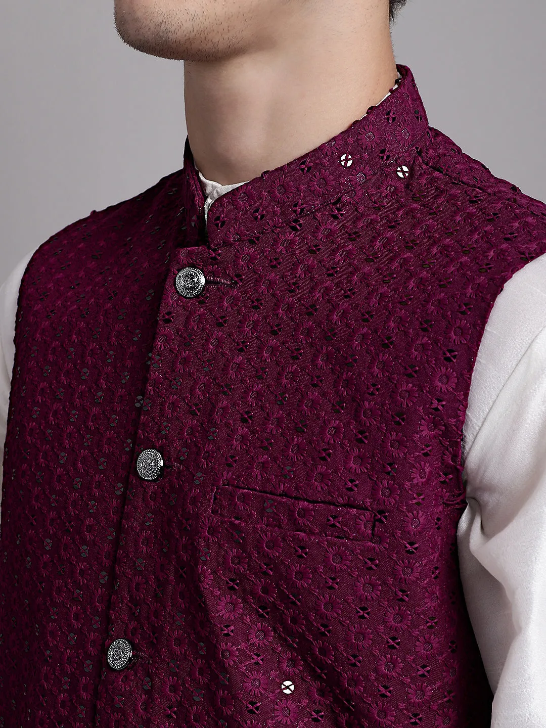 Men'S Purple Sequins And Embroidered Nehru Jacket