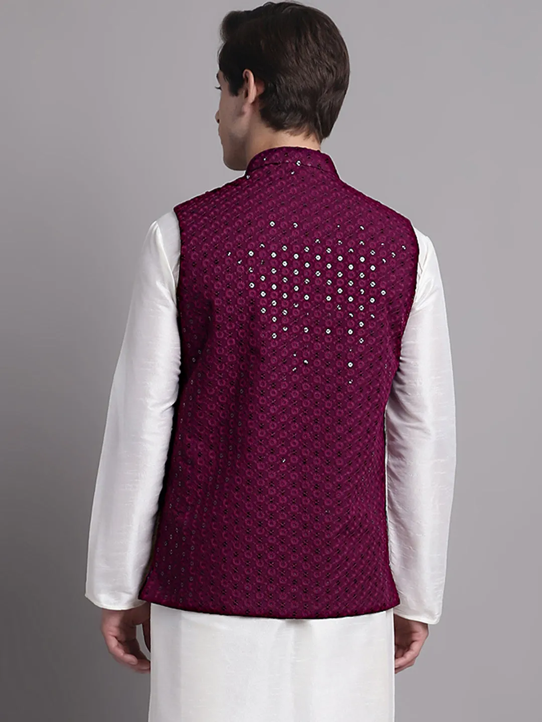 Men'S Purple Sequins And Embroidered Nehru Jacket