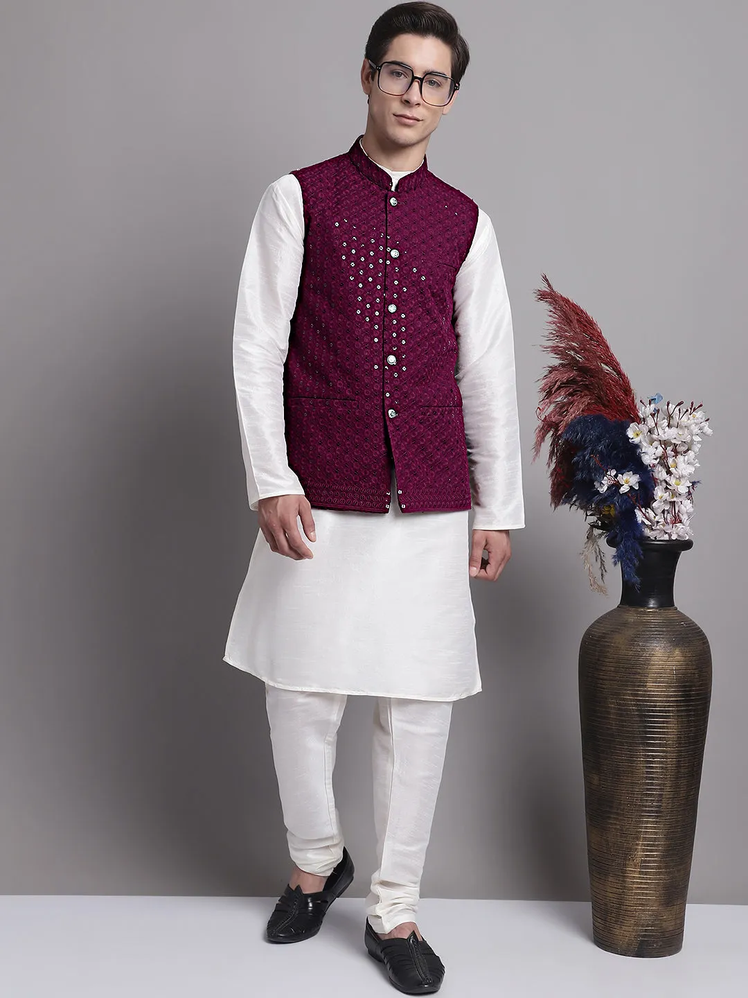 Men'S Purple Sequins And Embroidered Nehru Jacket