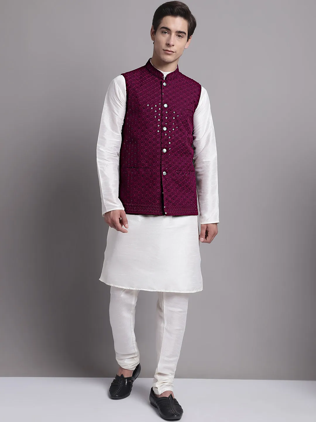 Men'S Purple Sequins And Embroidered Nehru Jacket