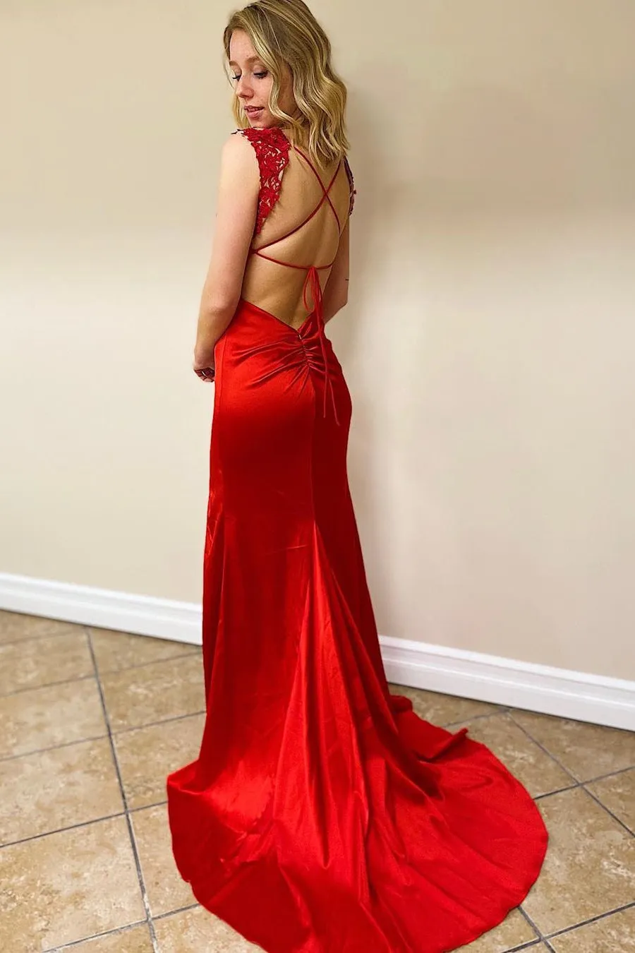 Mermaid V Neck Backless Red Lace Long Prom Dress, Mermaid Red Formal Dress, Red Lace Evening Dress