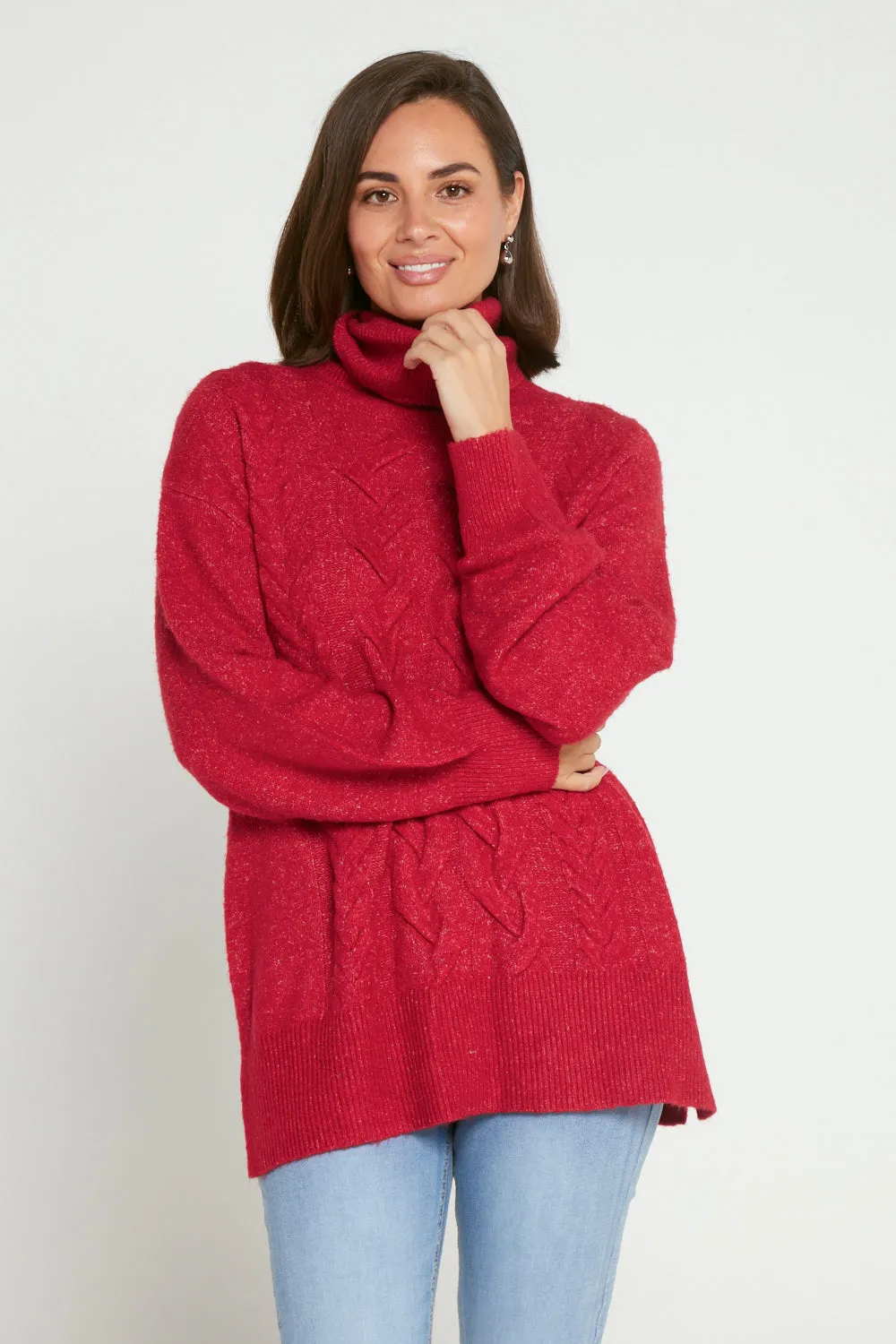 Miya Cowl Cable Knit Jumper - Raspberry