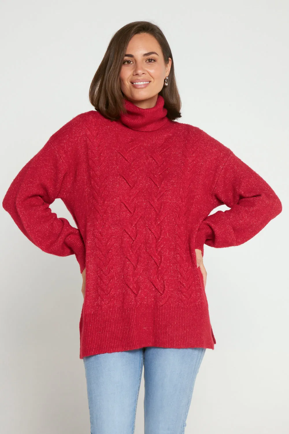 Miya Cowl Cable Knit Jumper - Raspberry