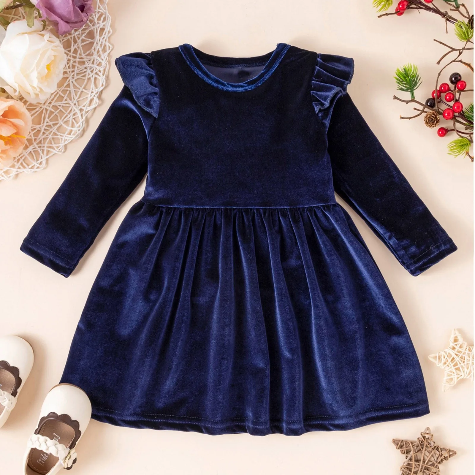 Nadia - Girls Velvet Dress , Long Sleeve |