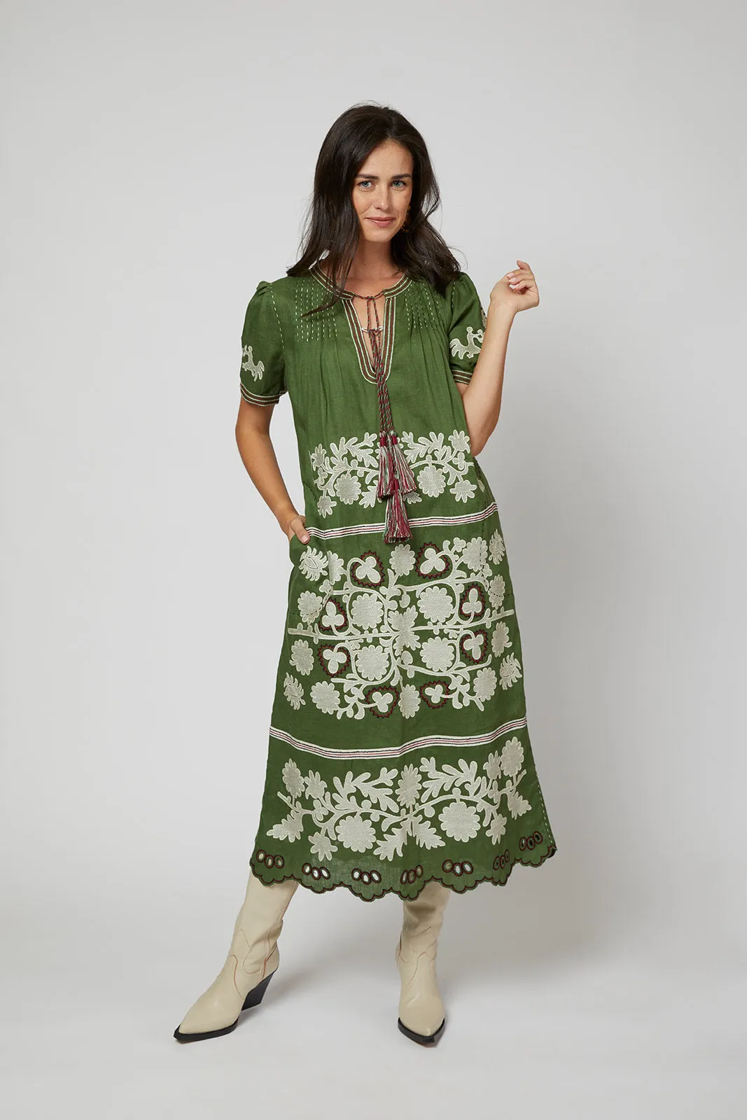 Natalia Ukrainian Embroidered  Dress - Olive Green, Ivory, Wine