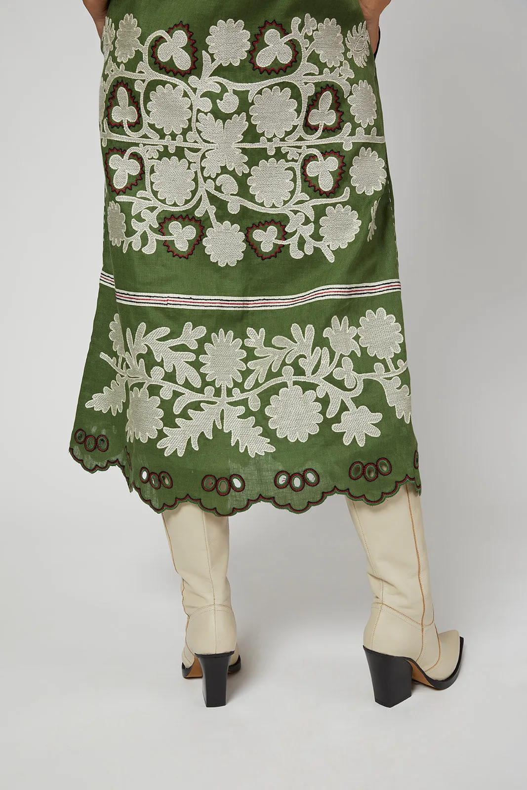 Natalia Ukrainian Embroidered  Dress - Olive Green, Ivory, Wine