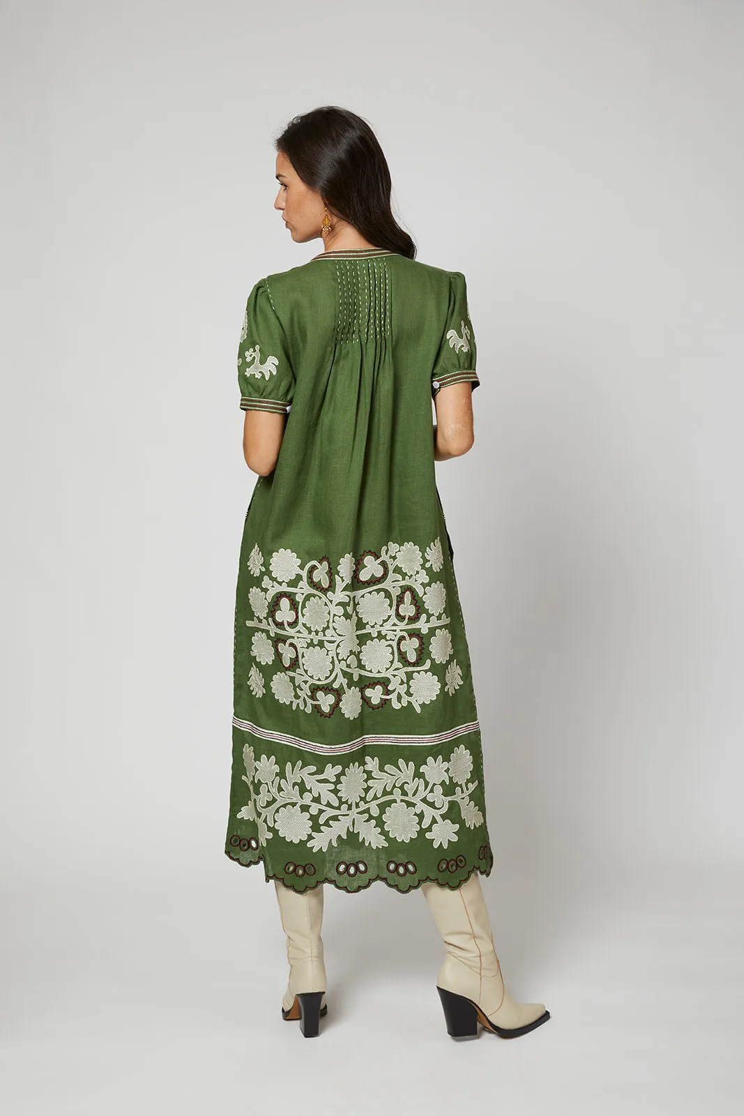 Natalia Ukrainian Embroidered  Dress - Olive Green, Ivory, Wine