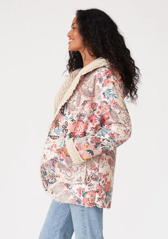 Natural/Red Paisley Floral Print Long Sleeve Hooded Jacket