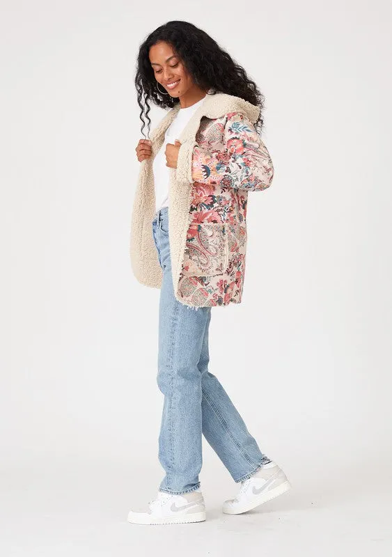 Natural/Red Paisley Floral Print Long Sleeve Hooded Jacket