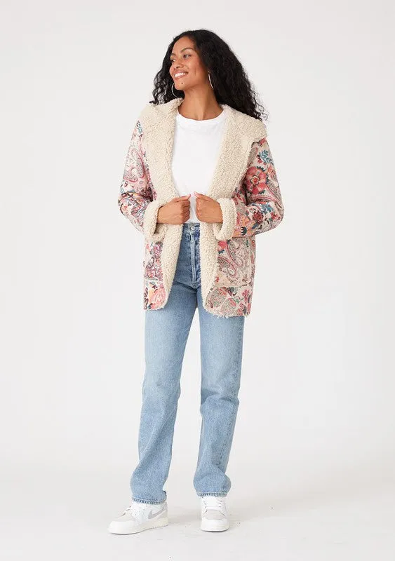 Natural/Red Paisley Floral Print Long Sleeve Hooded Jacket