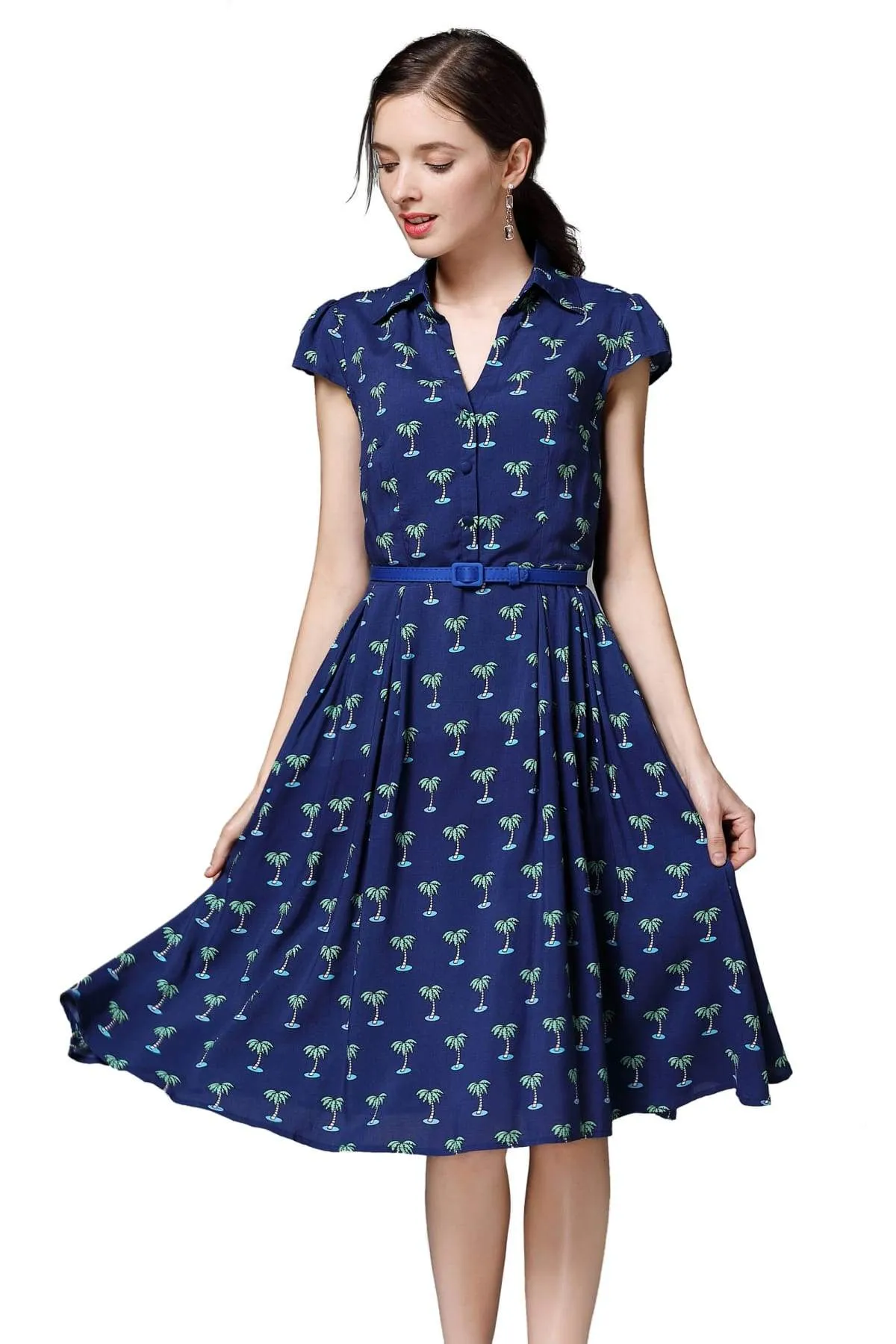 Navy V Neck Palm Tree Collared Dress with Box Pleats and Pockets