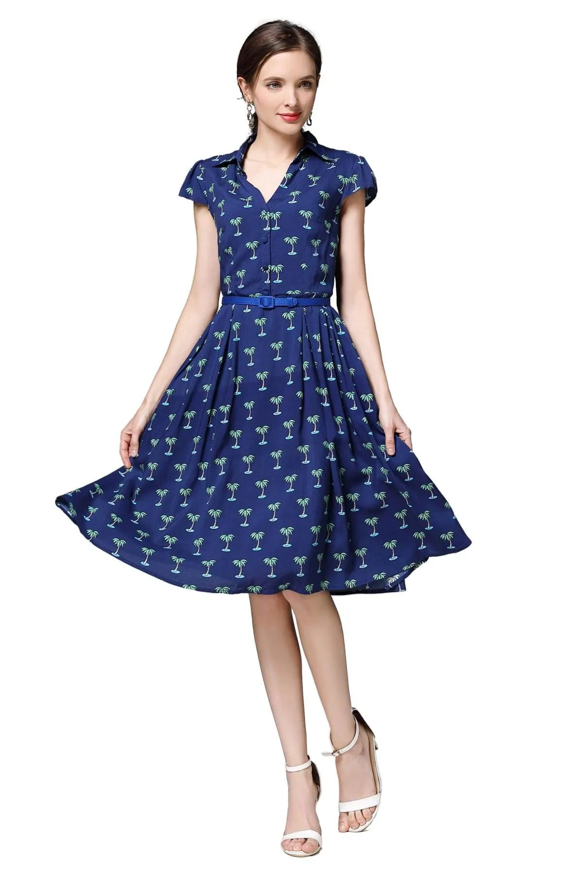 Navy V Neck Palm Tree Collared Dress with Box Pleats and Pockets