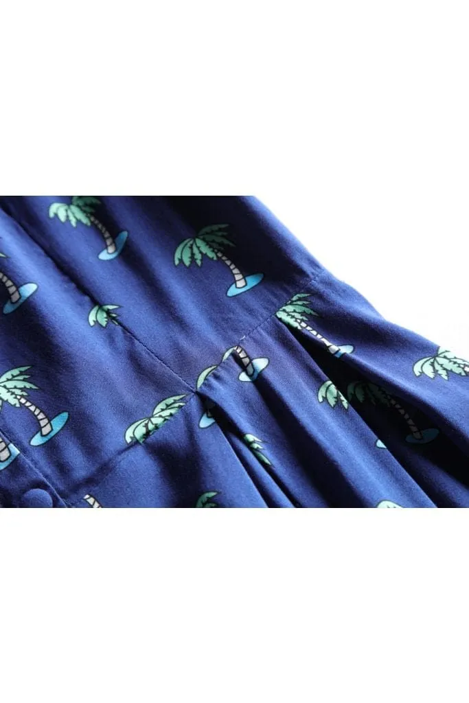 Navy V Neck Palm Tree Collared Dress with Box Pleats and Pockets