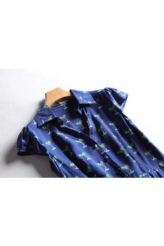 Navy V Neck Palm Tree Collared Dress with Box Pleats and Pockets