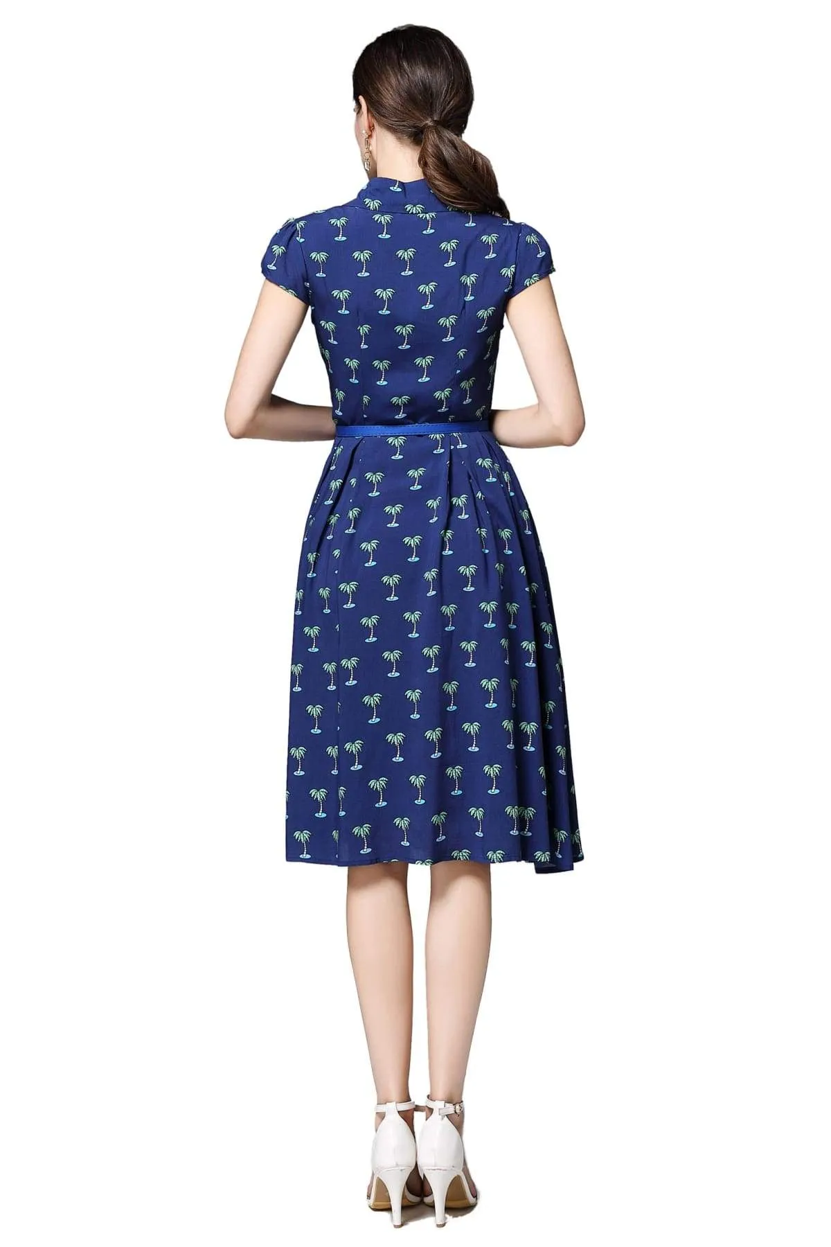 Navy V Neck Palm Tree Collared Dress with Box Pleats and Pockets