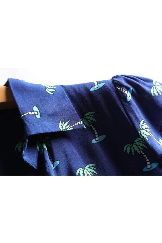 Navy V Neck Palm Tree Collared Dress with Box Pleats and Pockets