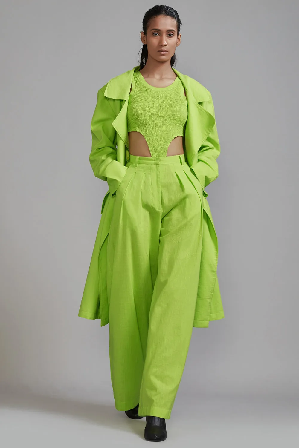 Neon Green Cotton Trench Jacket Set