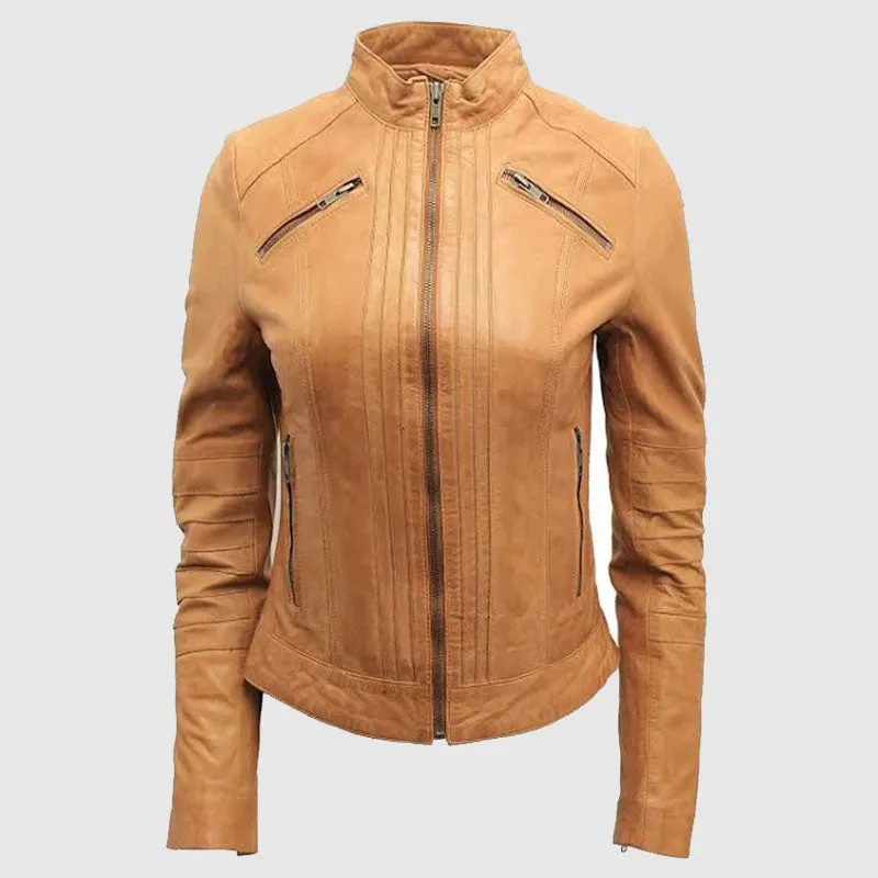 New High Quality Infinity Ladies 100% Nappa Leather Tan Pleated Brando Biker Jacket