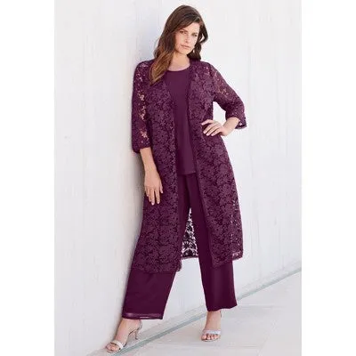 New - Roaman's Women's Plus Size Three-Piece Lace Duster & Pant Suit - 24 W, Navy