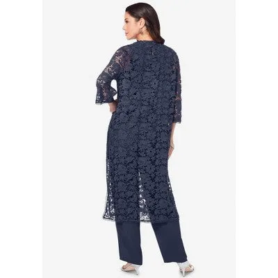 New - Roaman's Women's Plus Size Three-Piece Lace Duster & Pant Suit - 24 W, Navy