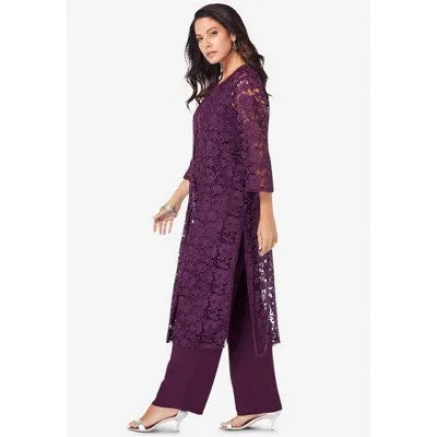 New - Roaman's Women's Plus Size Three-Piece Lace Duster & Pant Suit - 24 W, Navy