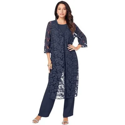 New - Roaman's Women's Plus Size Three-Piece Lace Duster & Pant Suit - 24 W, Navy