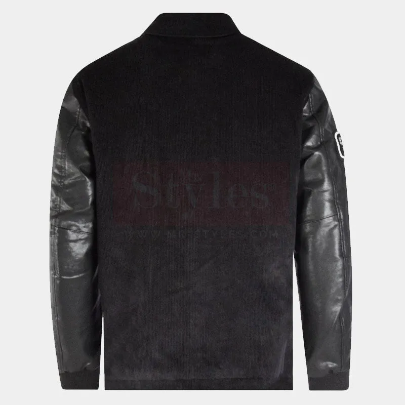 New Style 2023 Genuine Onyx Black Collared Leather Varsity Jacket