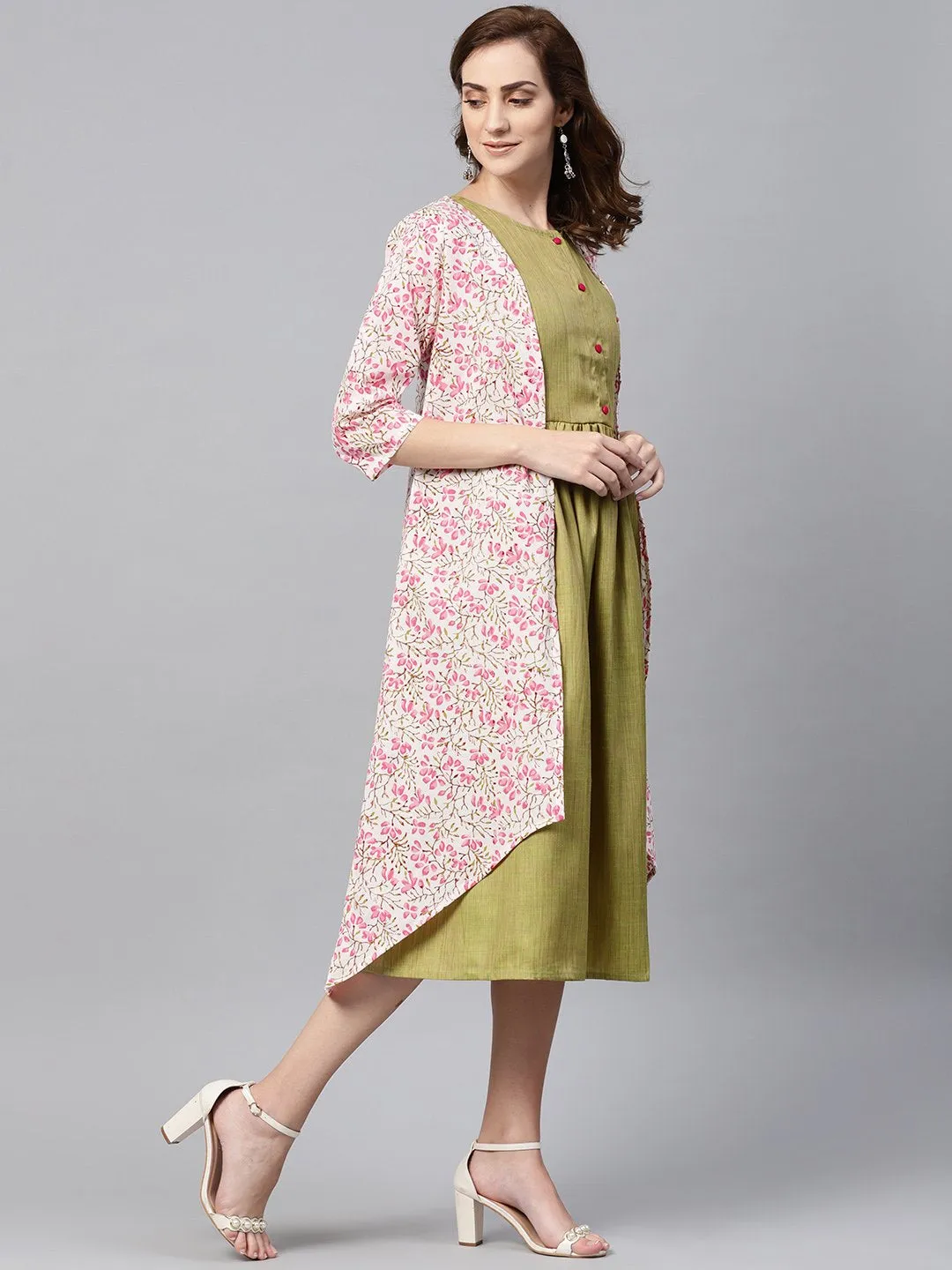 Olive Green A-Line Dress With White Floral Printed Jacket