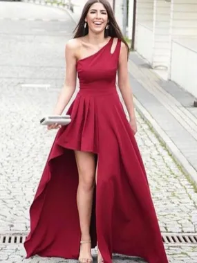 One Shoulder High Low Burgundy Long Prom Dresses, High Low Burgundy Formal Dresses, Maroon Evening Dresses