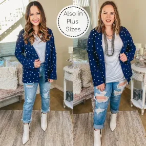 Out Of Office Polka Dot Open Front Blazer with Long Sleeves in Navy