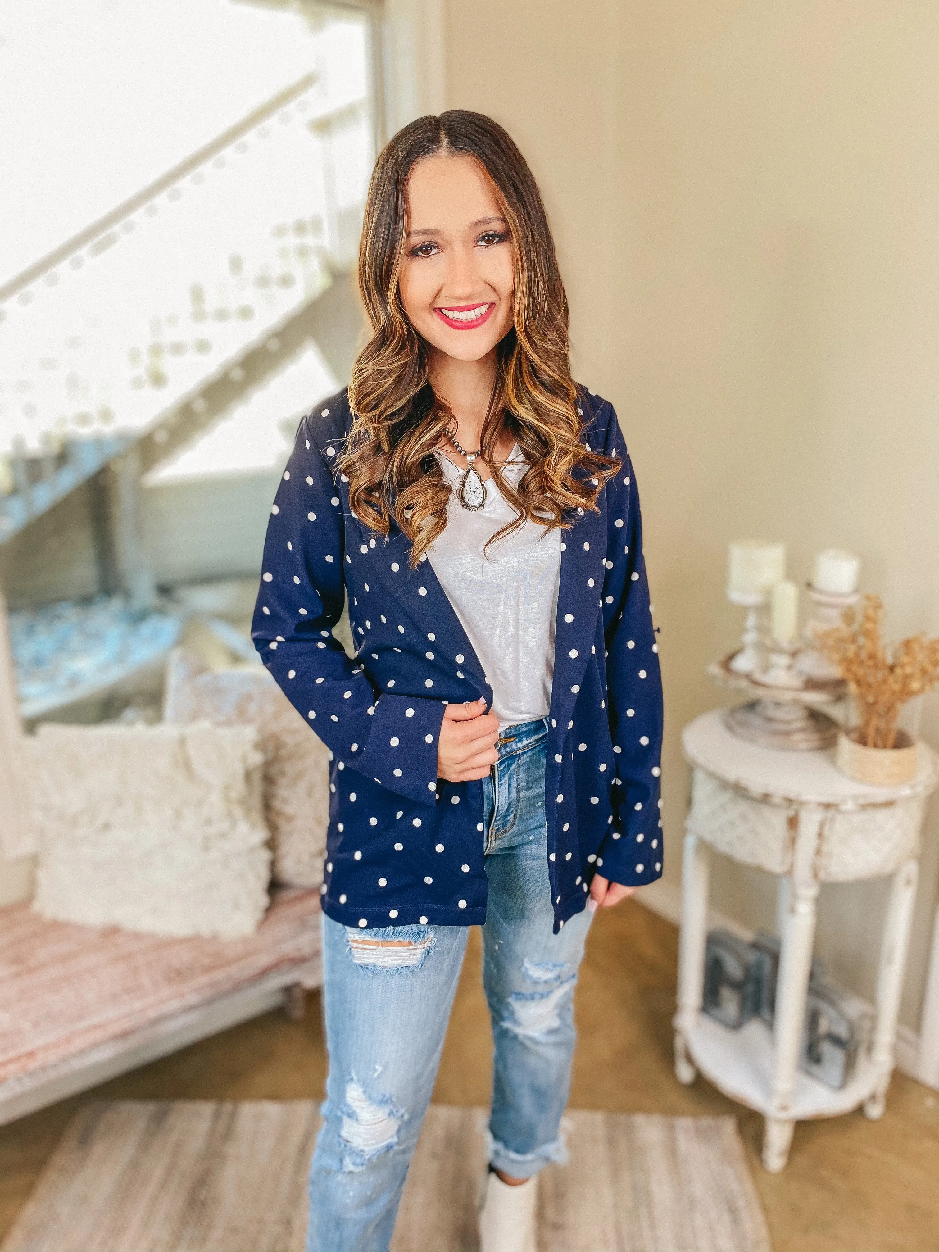 Out Of Office Polka Dot Open Front Blazer with Long Sleeves in Navy