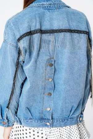 Oversized Denim Blue Beaded Fringe Button Up Jacket