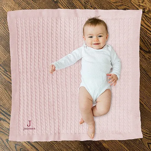 PERSONALIZED COTTON CABLE KNIT BABY BLANKET - MONOGRAM (pink/blue/white)