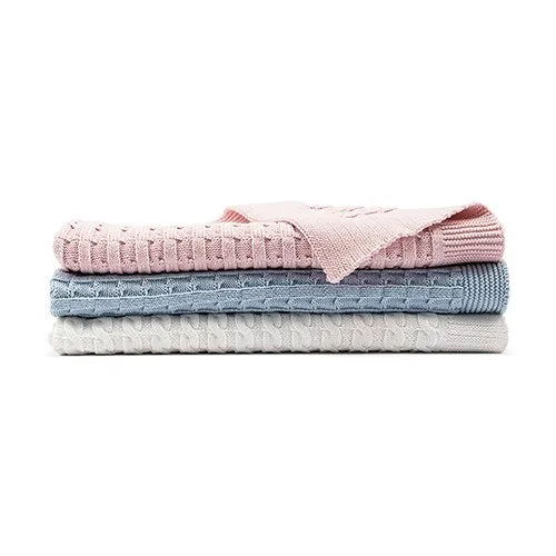 PERSONALIZED COTTON CABLE KNIT BABY BLANKET - MONOGRAM (pink/blue/white)