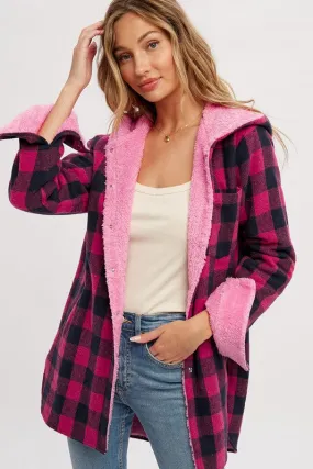 Pink Plaid Sherpa Lined Hoodie Longline Jacket