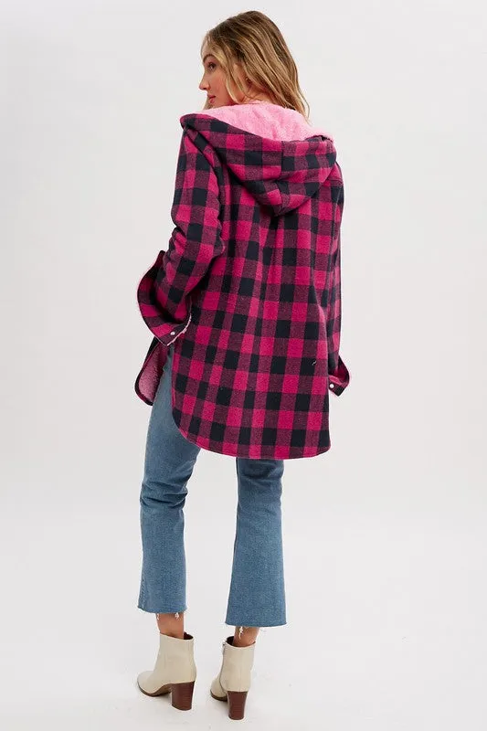 Pink Plaid Sherpa Lined Hoodie Longline Jacket