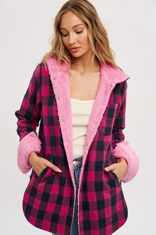 Pink Plaid Sherpa Lined Hoodie Longline Jacket