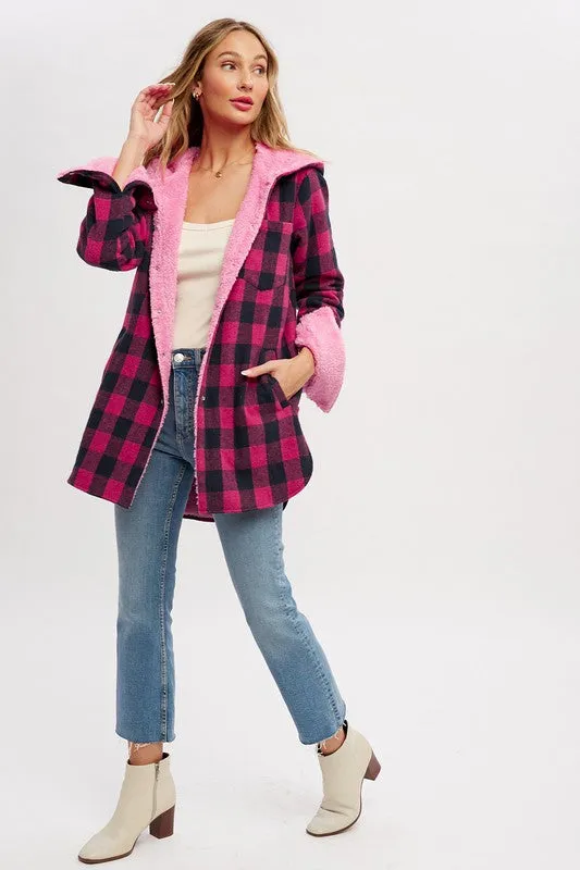 Pink Plaid Sherpa Lined Hoodie Longline Jacket