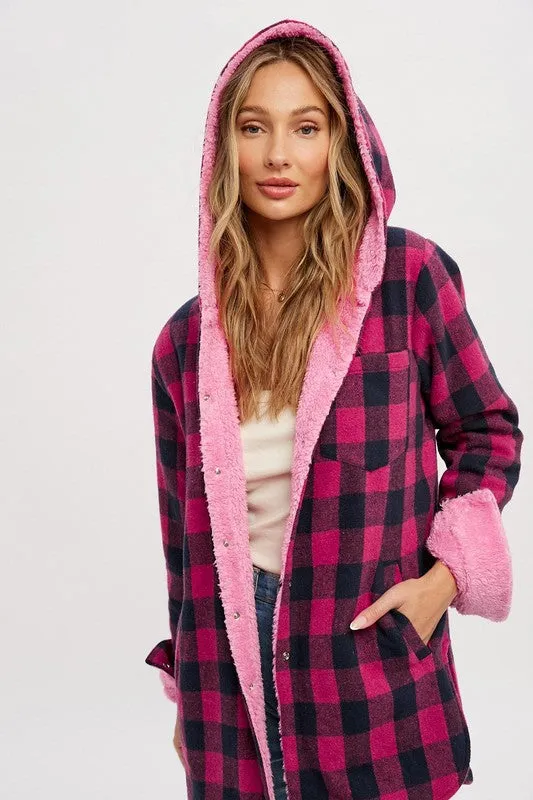 Pink Plaid Sherpa Lined Hoodie Longline Jacket