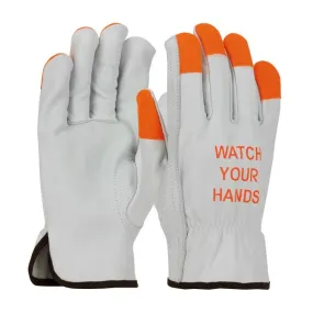 PIP 68-162HV Leather Drivers Glove with Hi-Vis Fingertips and “WATCH YOUR HANDS” Logo, Box of 12