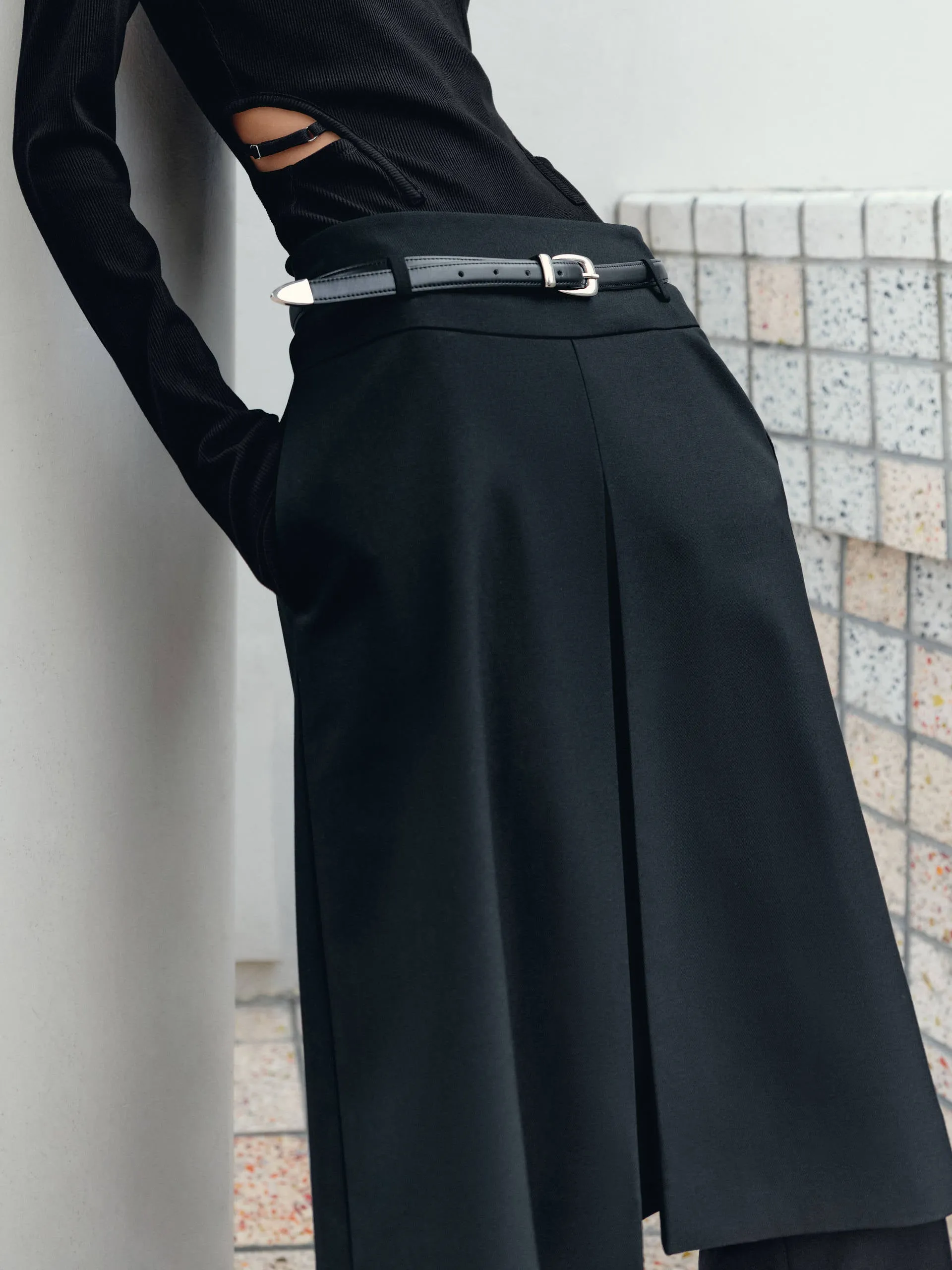 Pleated Midi Skirt with Belt