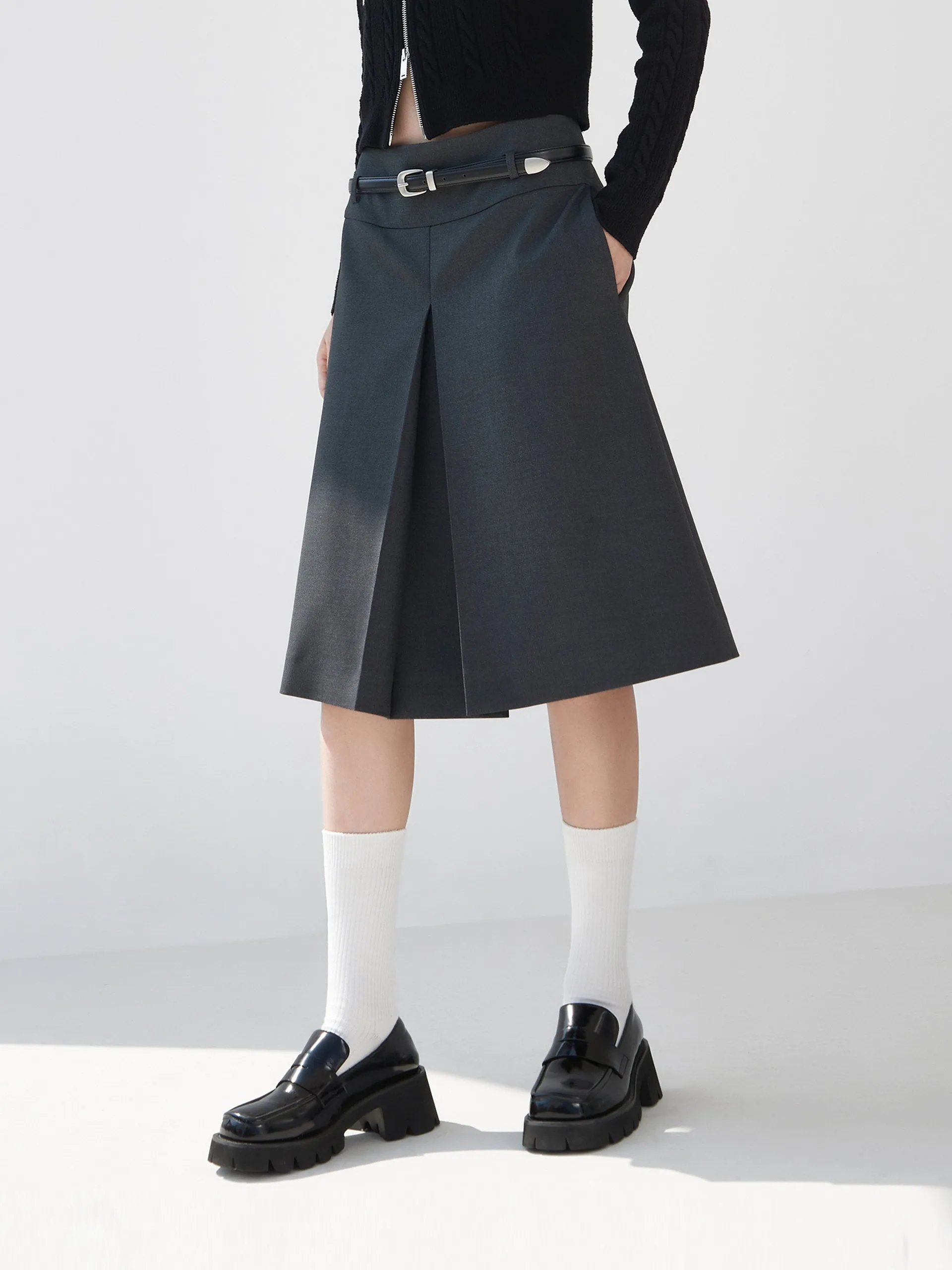 Pleated Midi Skirt with Belt