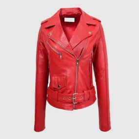 Premium Quality Womens Real Leather Biker Brando Style Jacket Mia Red