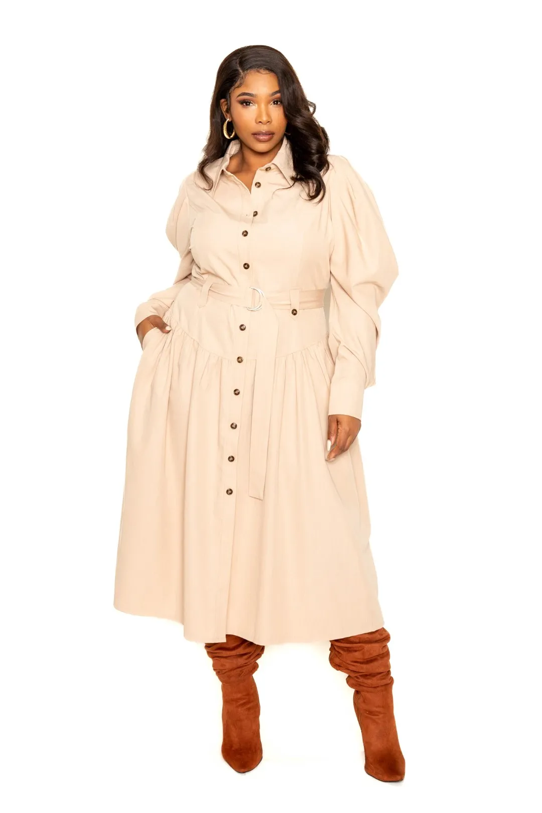 Puff Sleeve Trench Jacket Dress Voluptuous ( ) Plus Size - 2 colors - Ships from The US