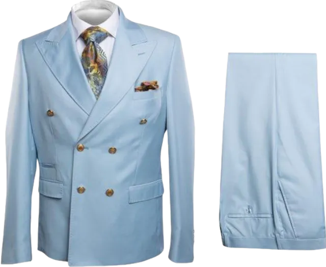 Rossi Man Light Blue Men's Double Breasted Suit Slim Fit Gold Buttons