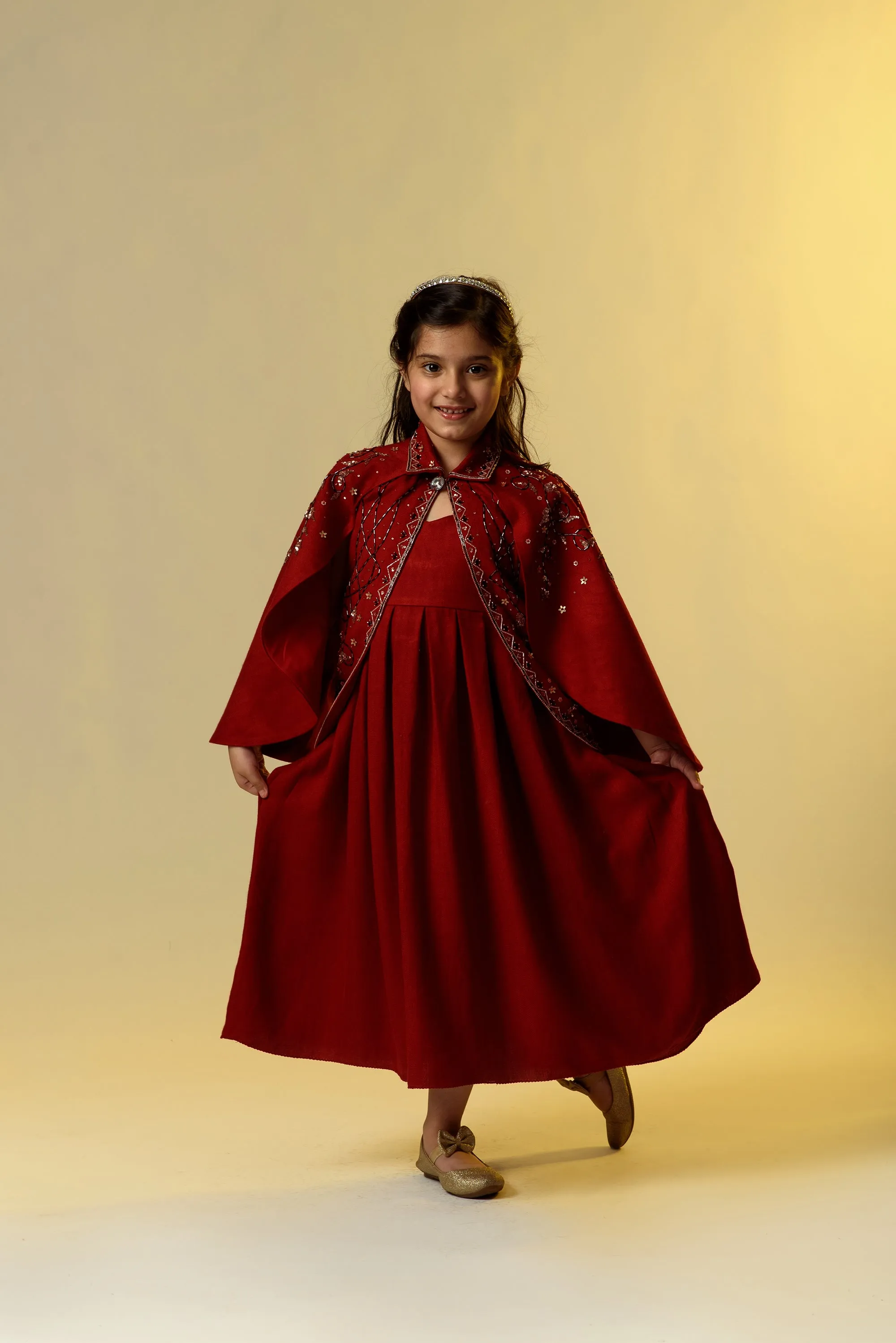 Rosy Finch- Double Flared Red Embroidered Jacket With Long Woollen Dress For Girls